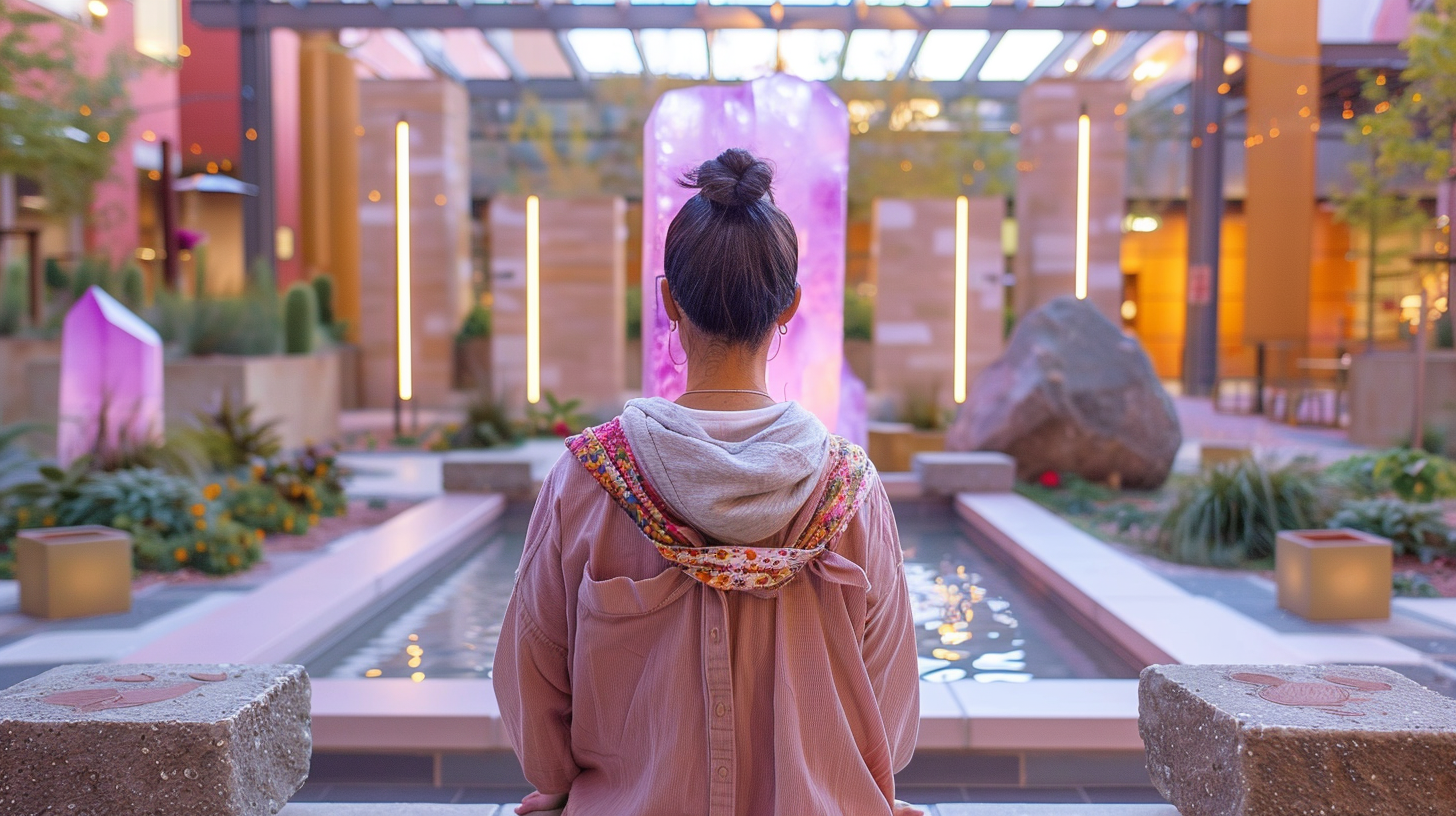 A quiet garden courtyard inside The Self Love U