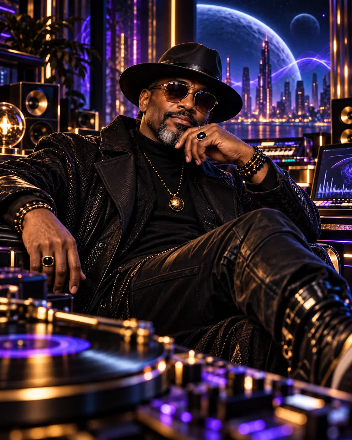 Portrait of DJ VehRahNox beside his turntables
