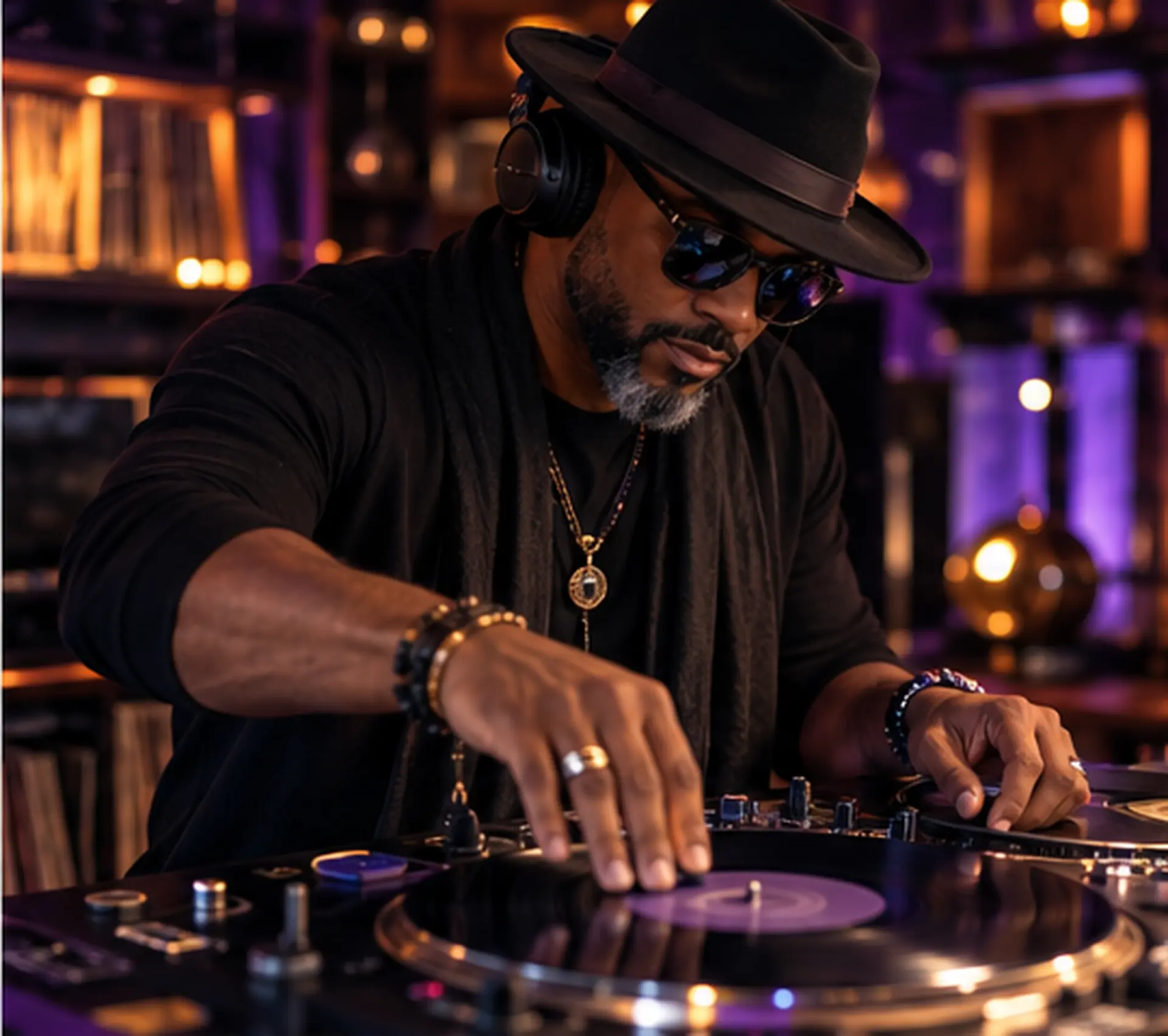 Close-up of DJ VehRahNox cueing a vinyl record on the decks
