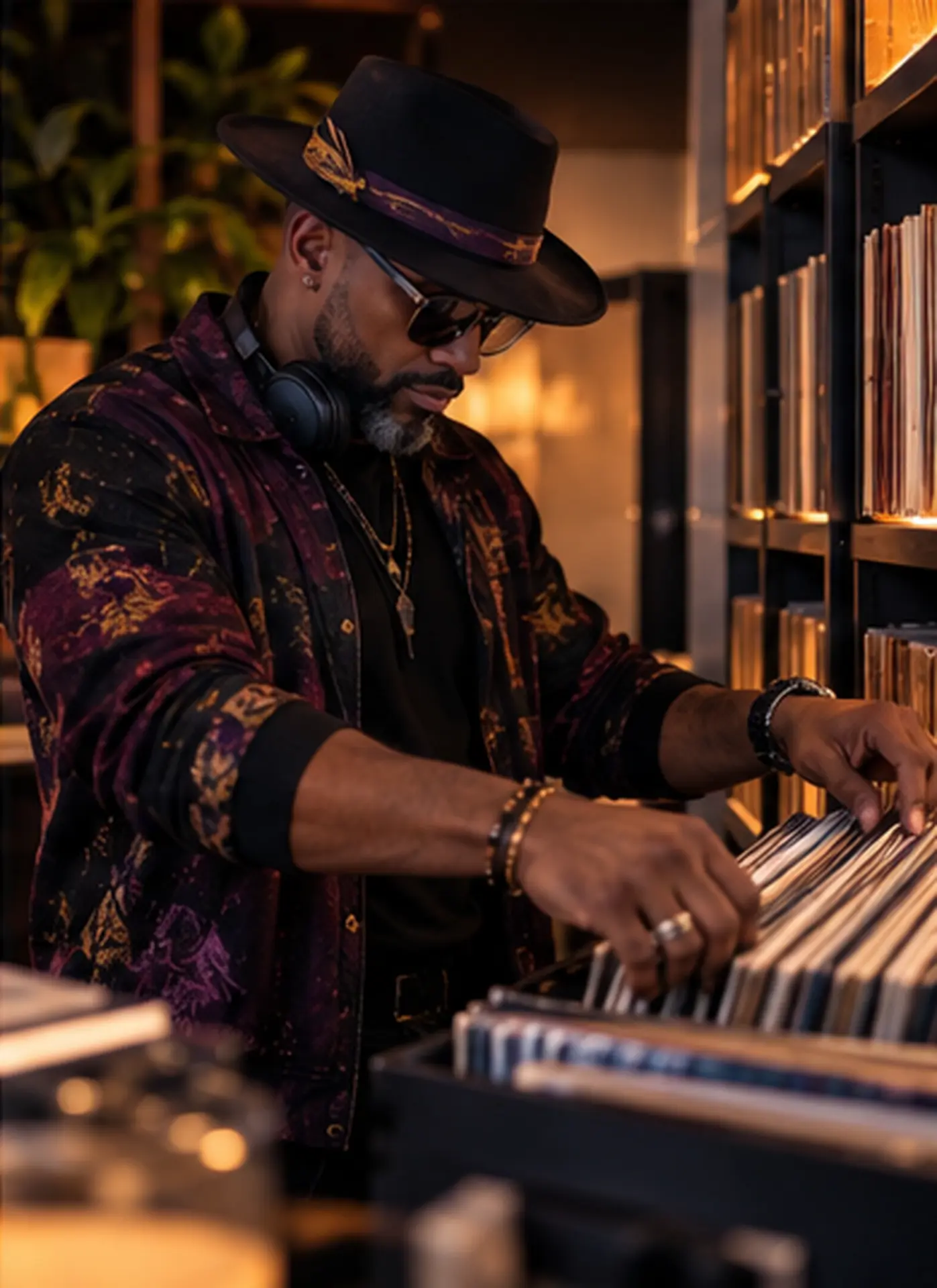 DJ VehRahNox browsing a collection of vinyl records
