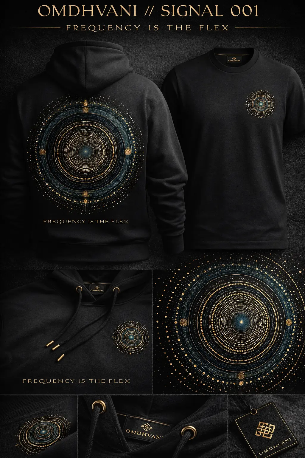 OmDhvani Signal 001 apparel concept with a sacred geometry design on black hoodie and tee