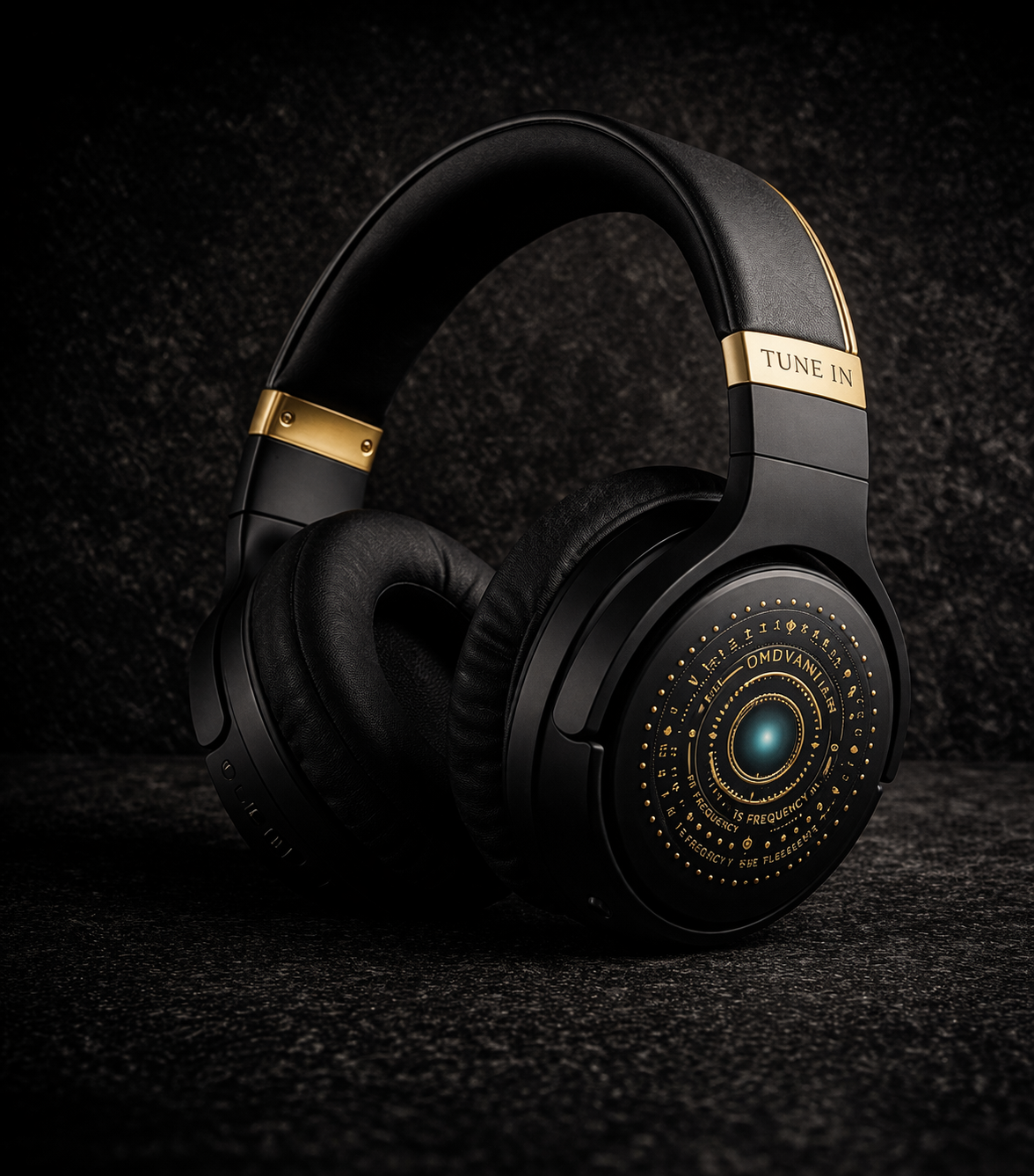 Black and gold OmDhvani over-ear headphones