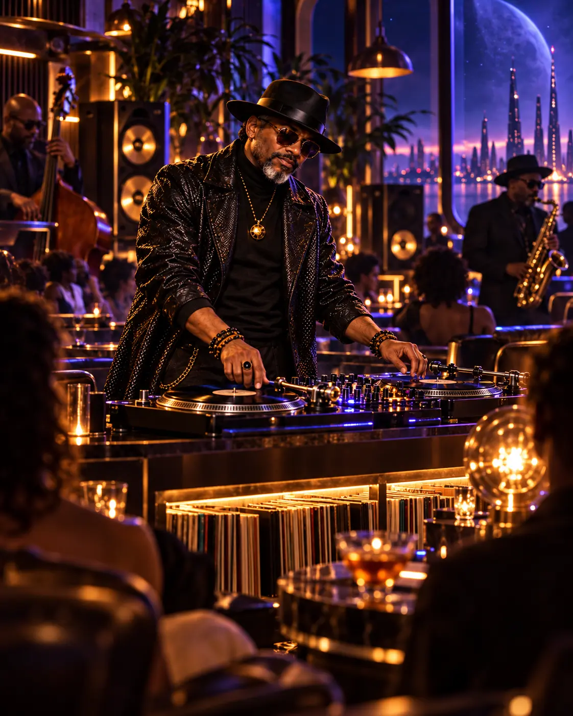 DJ VehRahNox performing for a crowd in a warmly lit vinyl lounge