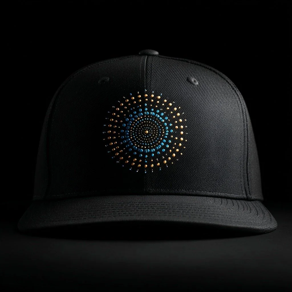 Black OmDhvani cap embroidered with a teal and gold sacred geometry design