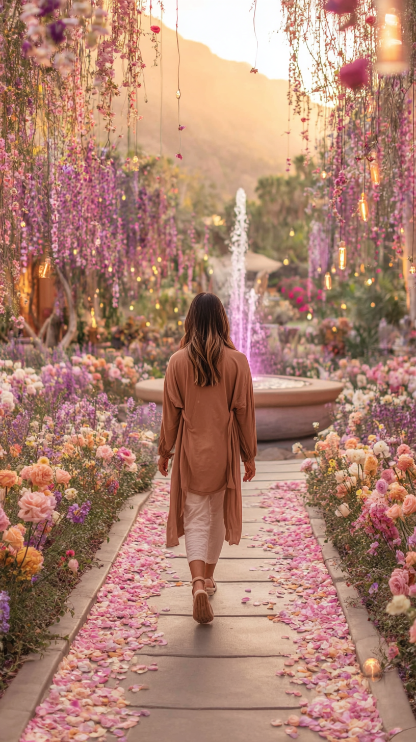 A flower-lined walking path at The Self Love U
