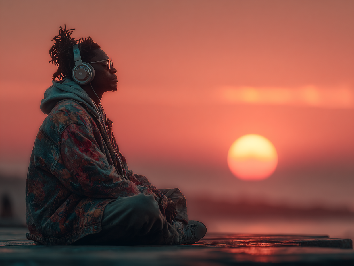 A listener in headphones at sunset, part of OmDhvani's visual world