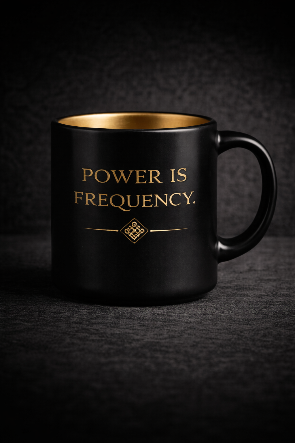 Black OmDhvani ceramic mug with gold lettering