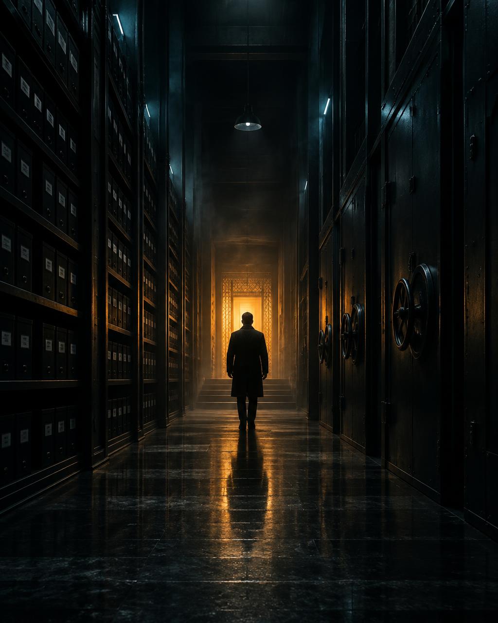 A lone figure walking through a dark archive toward a glowing doorway