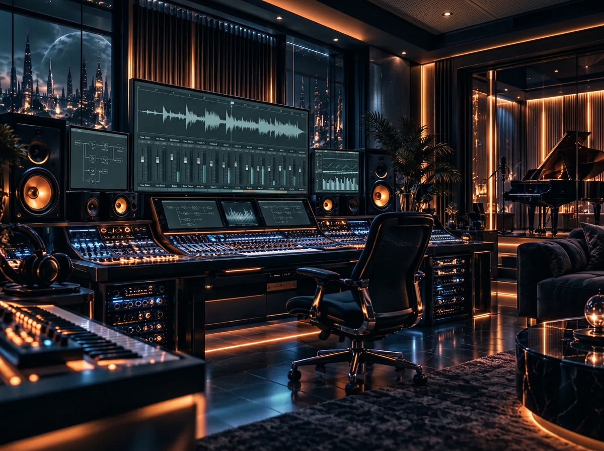 A warmly lit studio with mixing desk and piano
